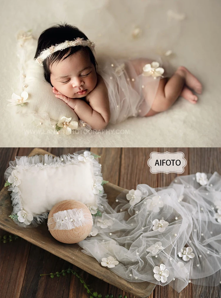 2024 Newborn Photography Props Flower Pearl Mesh Wrap Background Baby Lace Cloth Pillow for Photo Shoot Studio Props Accessories