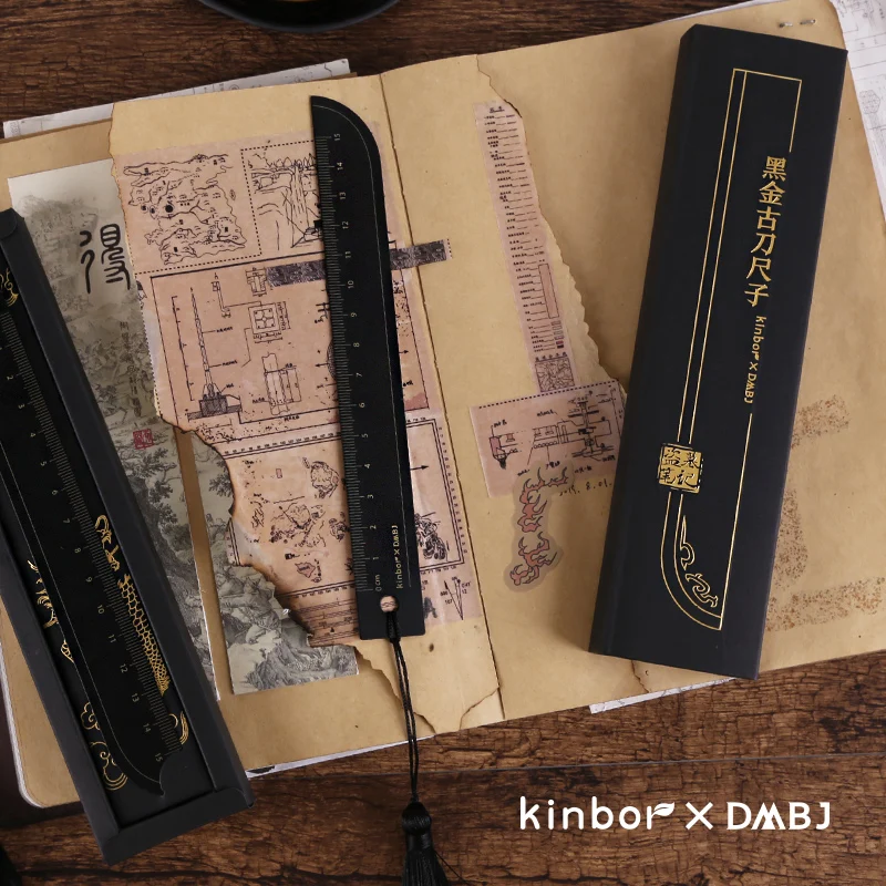 Kinbor-DMBJ 레트로 블랙 골드 고대 칼 눈금자 15CM, 북마크 문구 눈금자, 학교 사무실, 액세서리