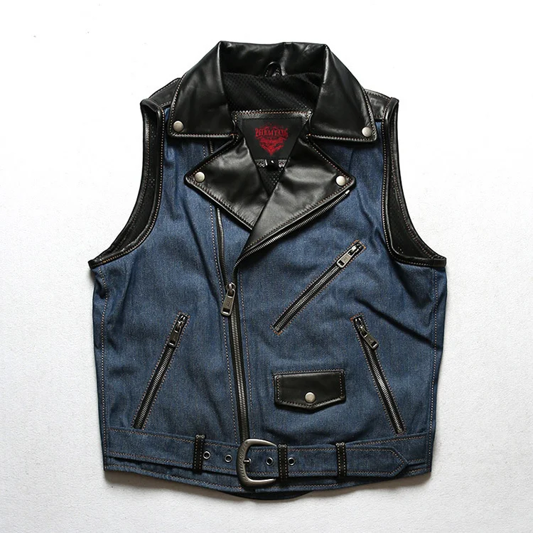 Genuine Mens Leather Denim Patchwork Motorcycle Biker Style Waistcoat/Vest Strong Breathable