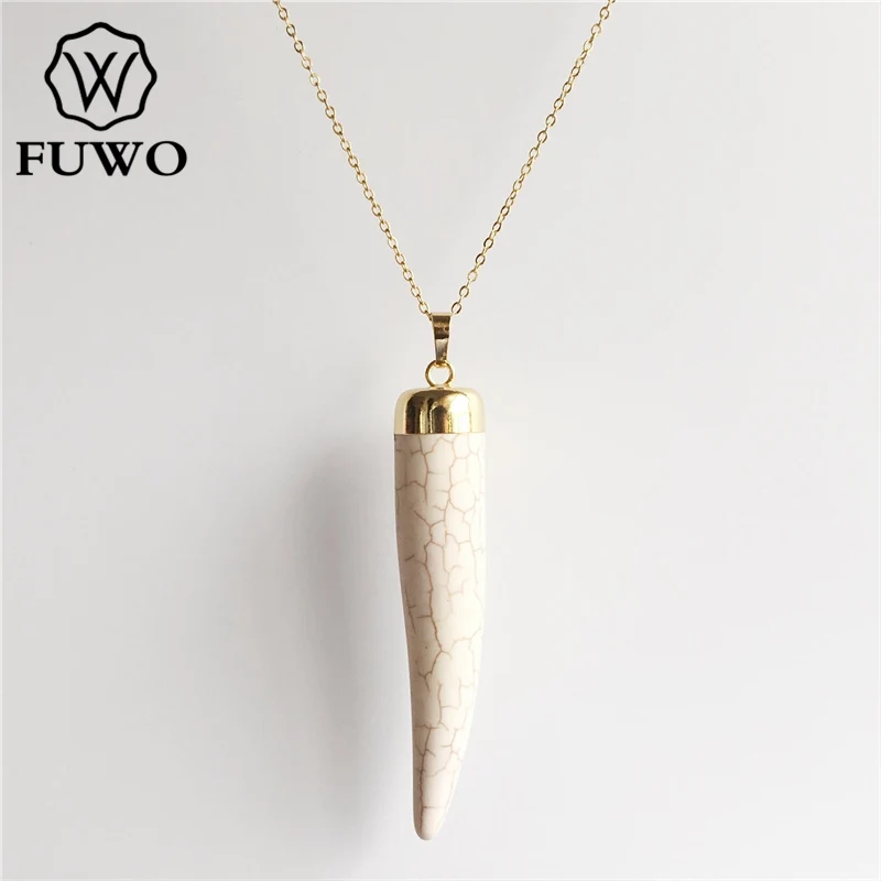 

FUWO Wholesale White Howlite Necklace,High Quality Golden Plated Long Horn Jewelry For Women 5Pcs/Lot NC070