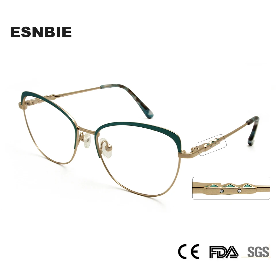 

Luxury Ladies Eye Glasses Frame For Women Diamond Gold Green Cat Eye Spectacles Metal Alloy Frame Prescription Eyeglasses Frame