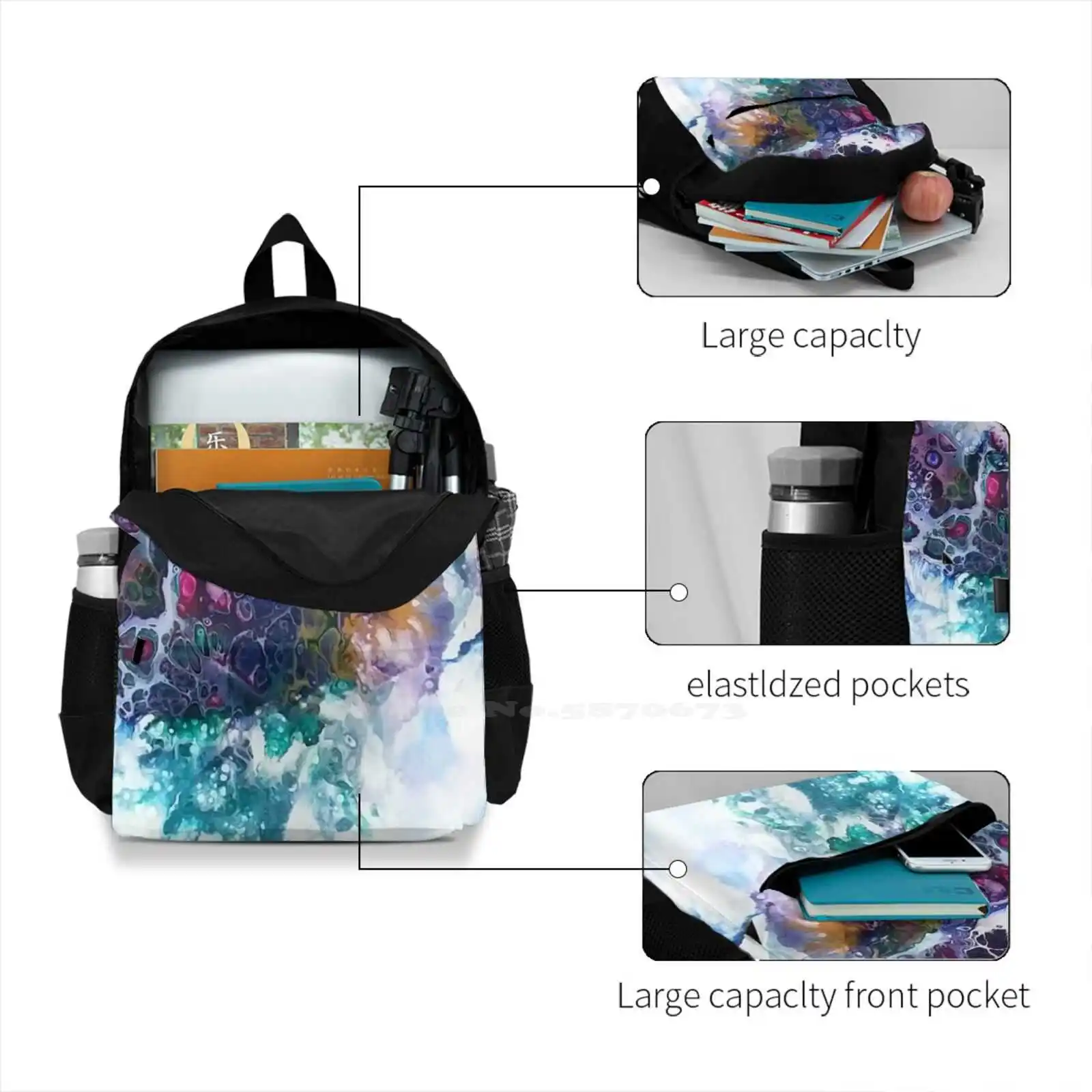 Mochila de grande capacidade para escola, 15 polegadas, floresta, céu, oceano, paisagem de água, sonhos, fantasia Cottage, camping, abstrato