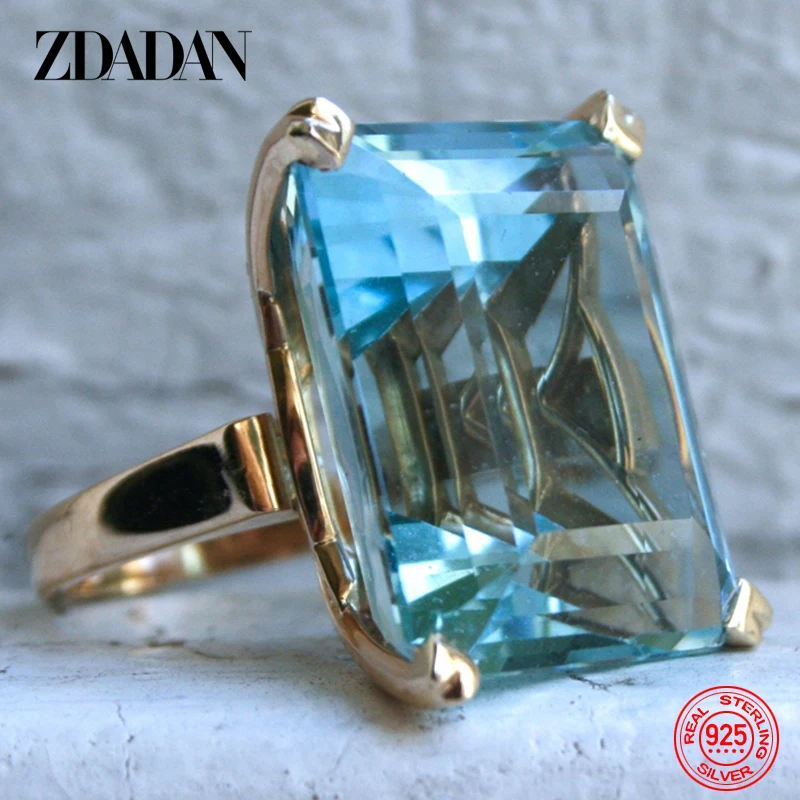 ZDADAN 925 Sterling Silver Aquamarine Gemstone Ring For Women Fashion Party Jewelry Gifts Wholesale