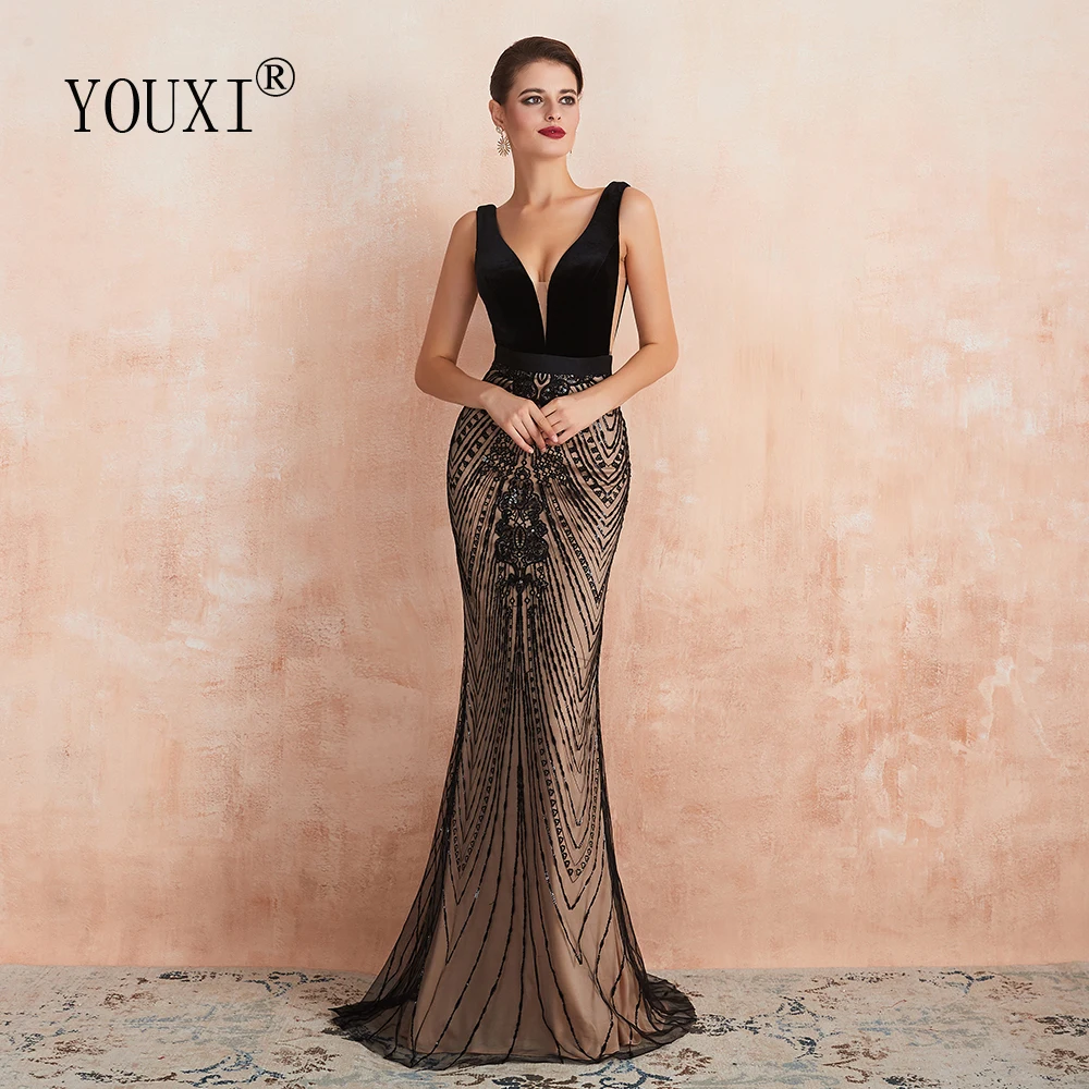 YOUXI-vestido de noite sereia sem costas, mergulho sexy, preto e champanhe, vestido longo de baile, 2023