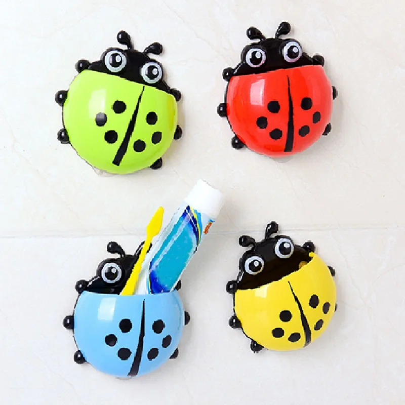 4 Color Ladybug Suction Hooks Rack Toothbrush Holder Toothpaste Container Wall Suction Decorations Organizer Kids Cartoon