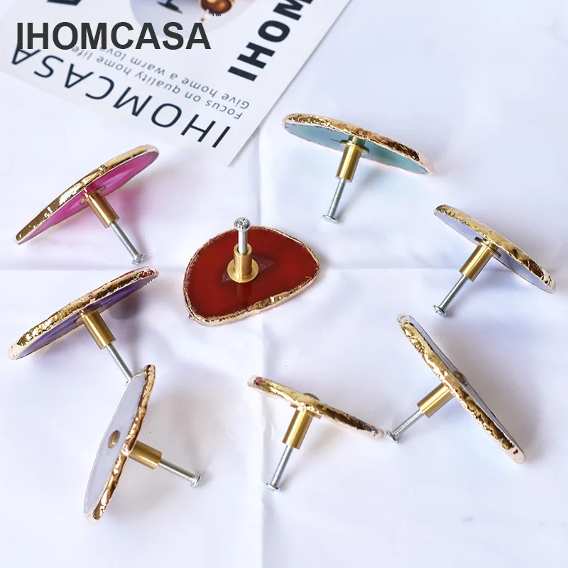 IHOMCASA Luxurious Brass Crystal Furniture Door Handles Wardrobe Cupboard Cabinet Knob Drawer Pull Natural Agate Stone Nordic