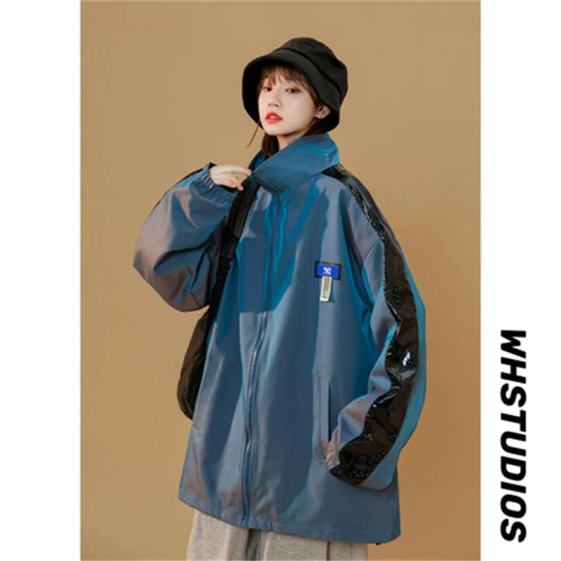 

Glossy Reflective Jacket Women Clothing Spring Autumn Casual Sports Jacket Loose Street Baseball Uniform Coat Girls Tops D1246