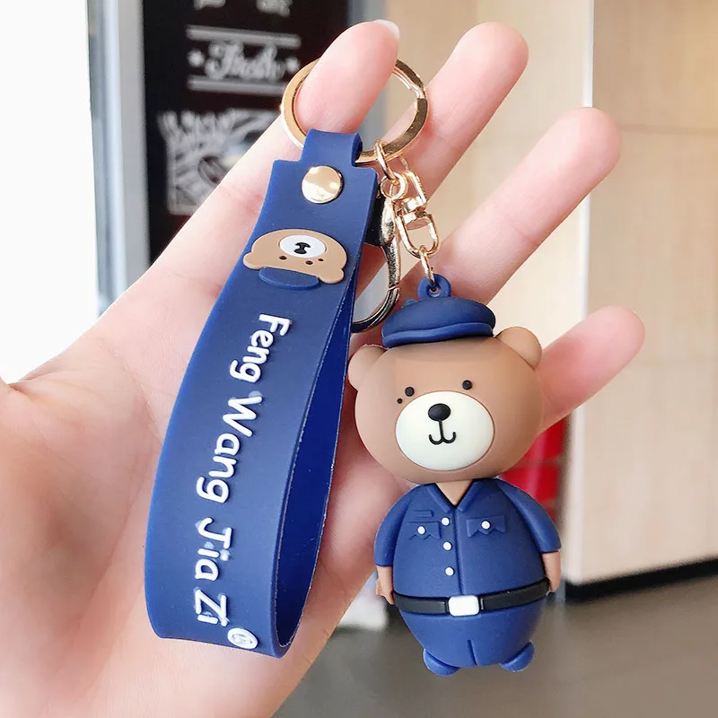 Ins Cartoon Bear Policeman Doll Metal Keychain Blue Brown Pendant Bag Car Keyring Lanyard Men Women Couple Gift