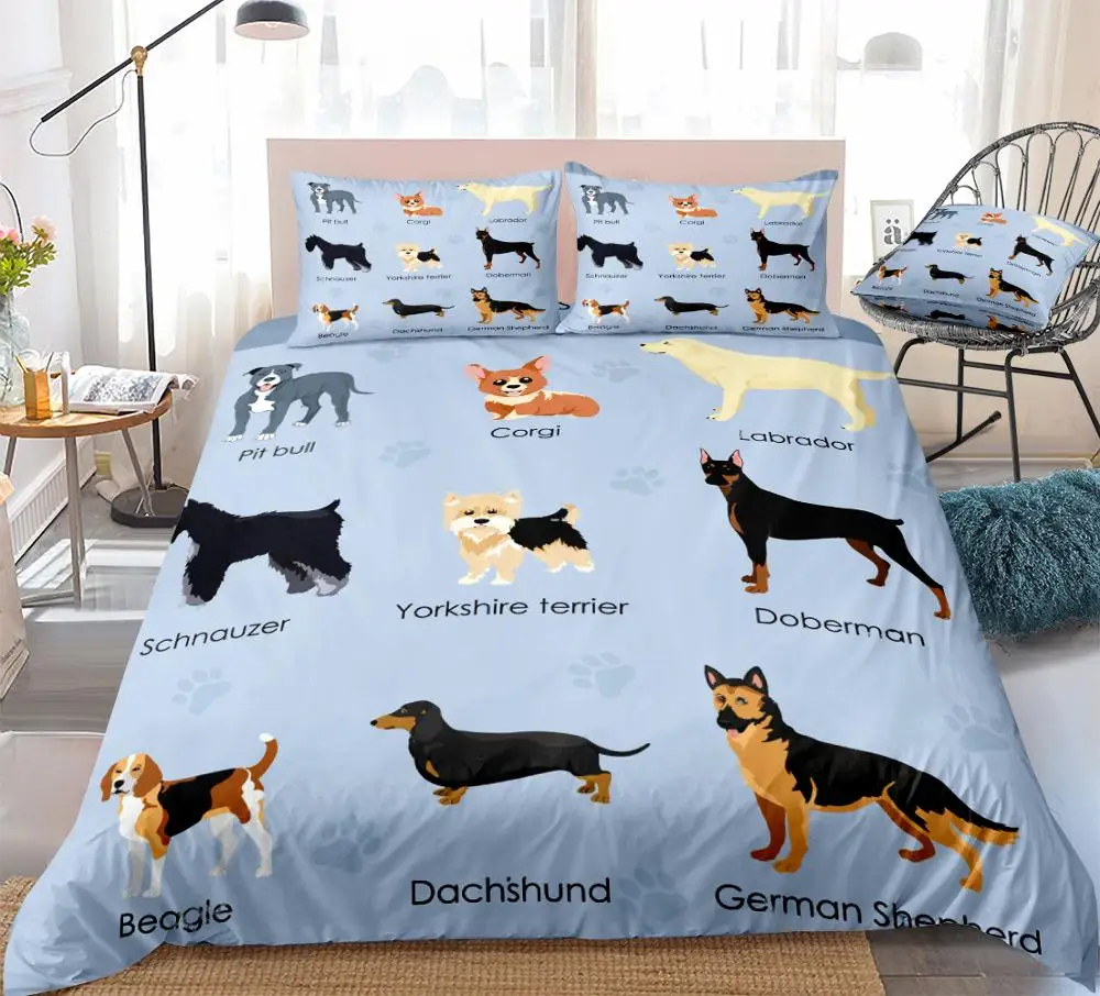 3Pcs Dogs Duvet Cover Set Different Puppy Breeds Family Type Species Bed Set Pet Home Textiles Animal Kids Blue Queen Dropship