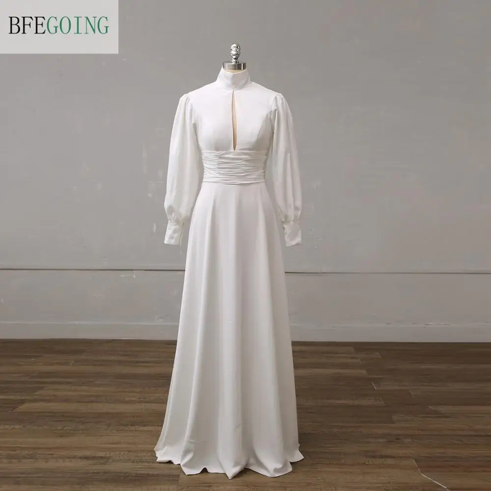 White Long Sleeves High Neck Bridal Gown Floor-Length A-Line Wedding Dress Custom Made