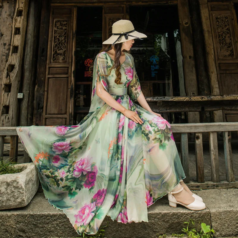 Long summer women's silk flower party dress the highest elegant wine cattle Beach Dress