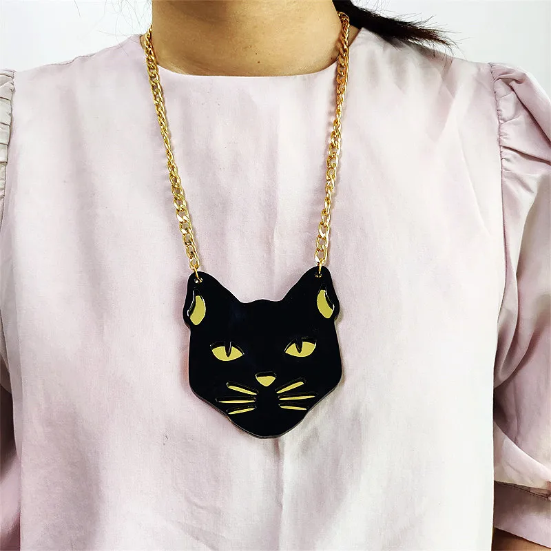 KUGUYS Fashion Jewelry Black Cat Head Large Pendant Necklaces for Women HipHop Mens Animal Necklace Summer Accessories