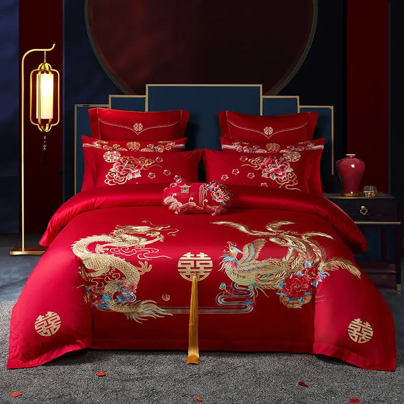 

Red Chinese Wedding Bedding Set Luxury Golden Dragon Phoenix Embroidery Tassel Duvet Cover Bed Sheet Pillowcases Egyptian Cotton