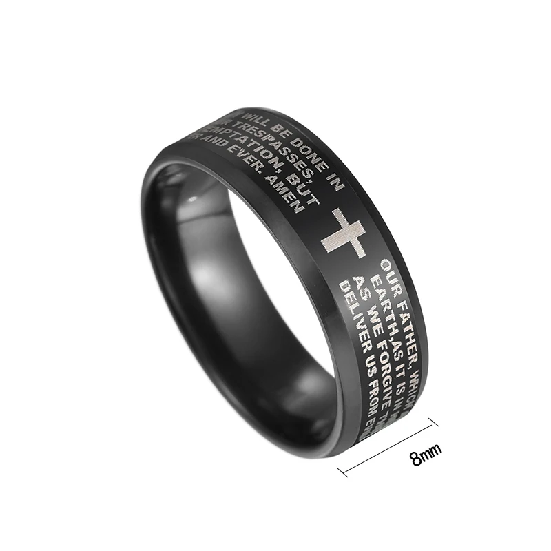 AsJerlya Black Titanium Steel English Letter Lord\'s Prayer Ring Serenity Men\'s Bible Cross Rings For Women Jesus Jewelry