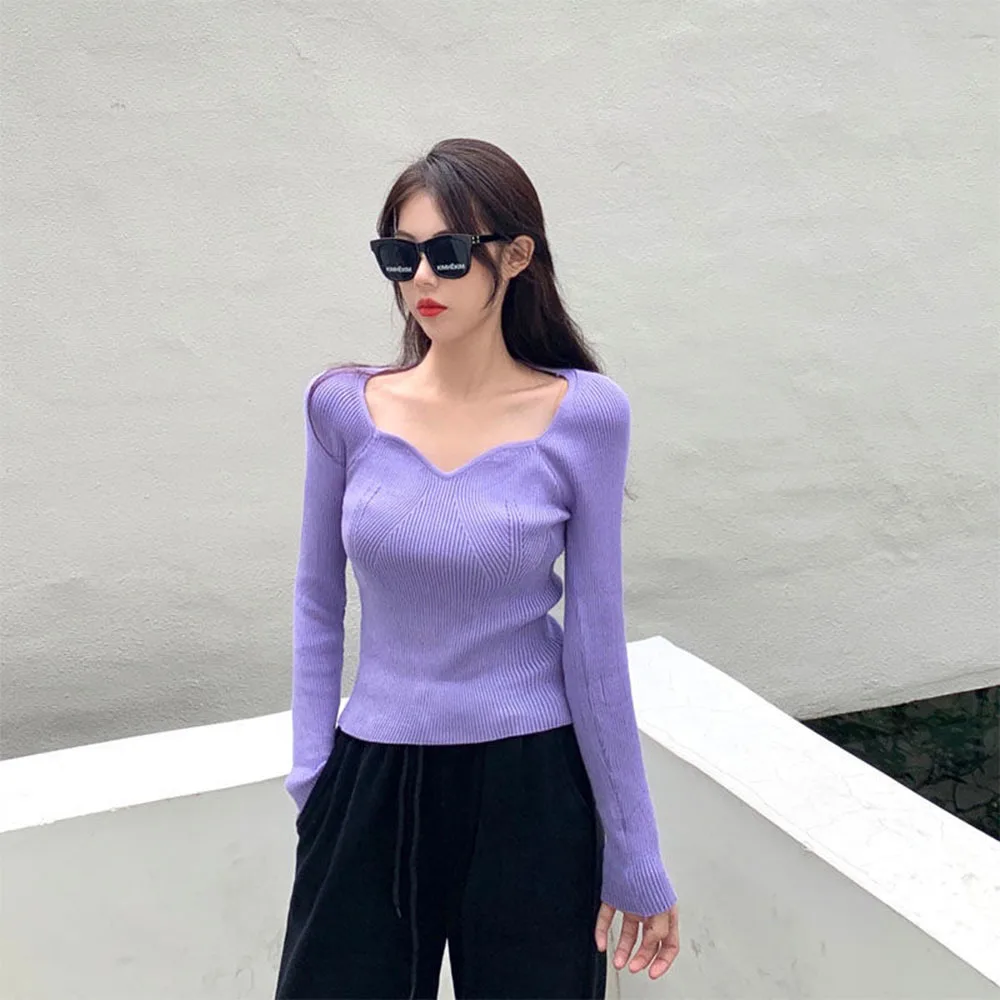 Women 2023 Solid Knitwear Female Jumper Autumn Knitted Sweaters Women Low-Cut V-Neck Cropped Sexy Bottoming Slim Fit Pullovers