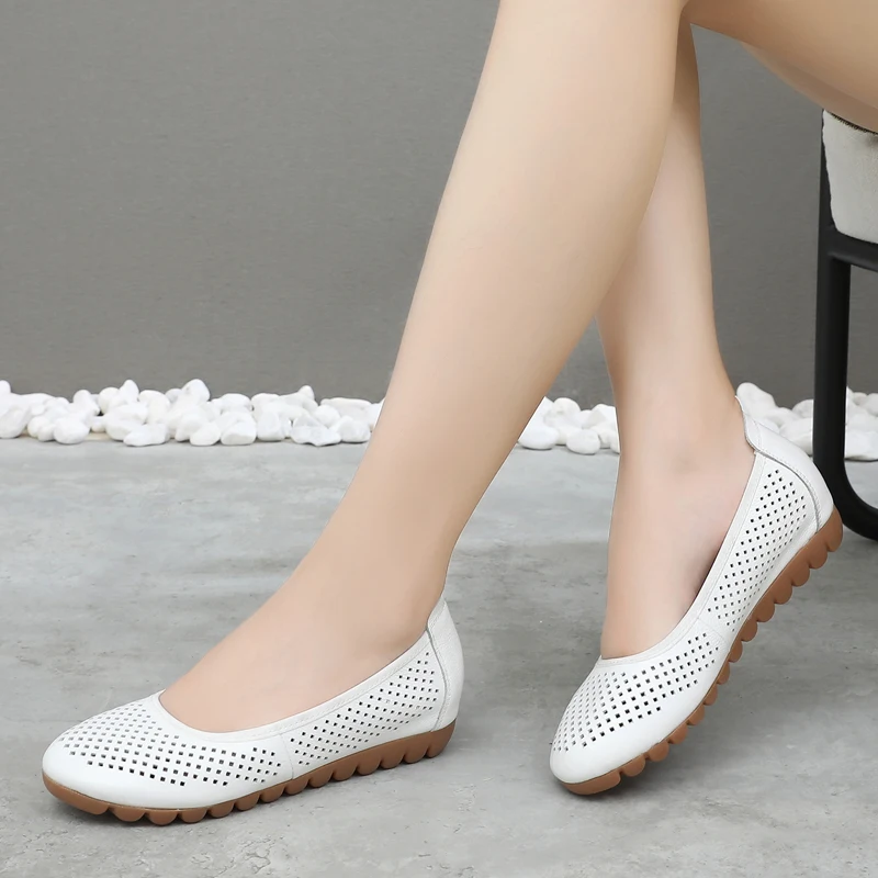 GKTINOO White Genuine Leather Ladies Breathable Summer Shoes Women Flats Slip-On Loafers Round Toe Soft Flat Shoes Casual