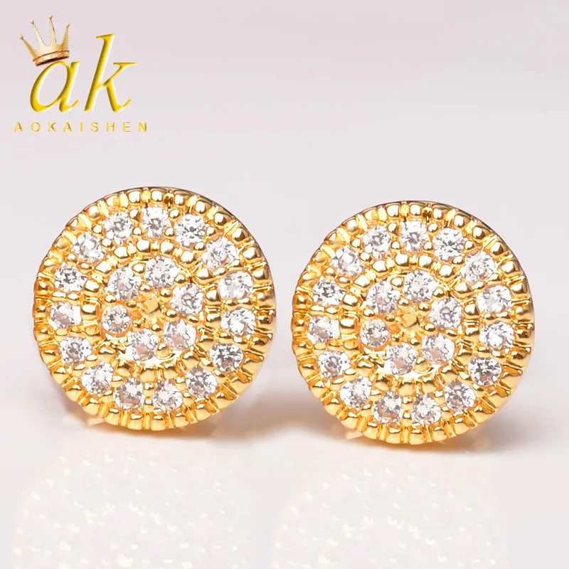 8MM Gold Color Small Round Stud Earring AAAA Cubic Zircon Screw Back Men's Earrings Fashion Hip Hop Jewelry