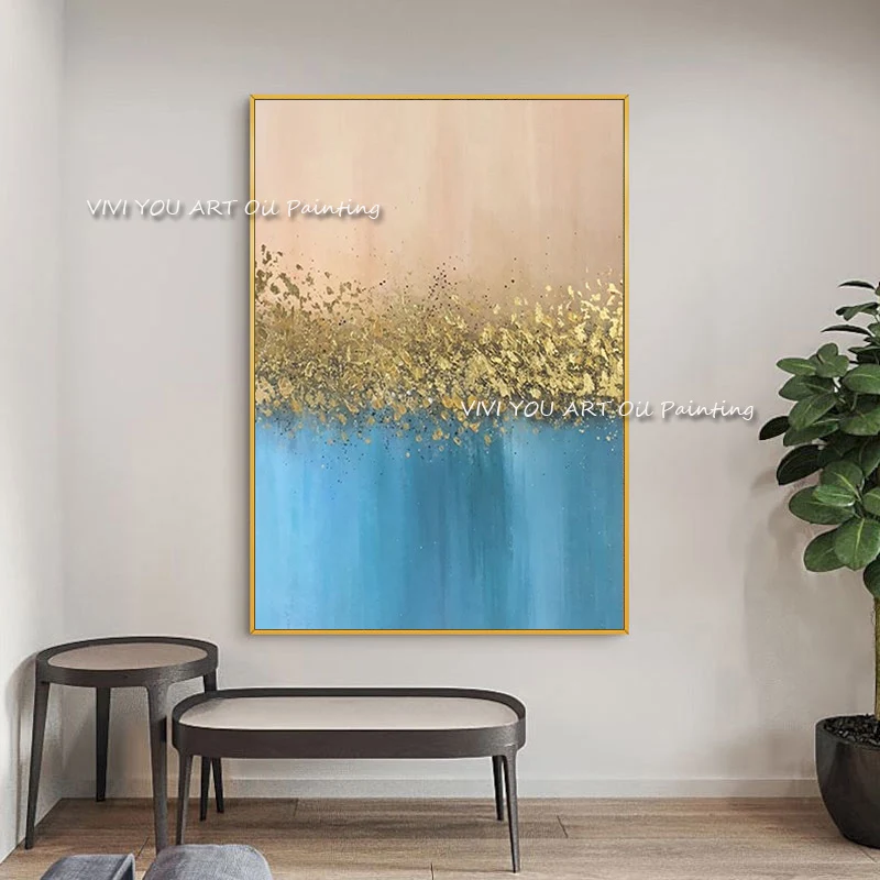 Ocean‑Tone Gradient Abstract Art, Sparkling Gold Foil Accents, Hand‑Painted Vertical Canvas For Calm Coastal‑Style Living Space