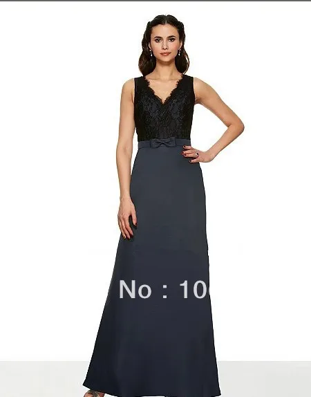 Gratis Verzending A-lijn Sexy Backless Vestidos 2015 V-hals Taille Bow Floor-Length Black Lace Moeder Van De Bruid jurken