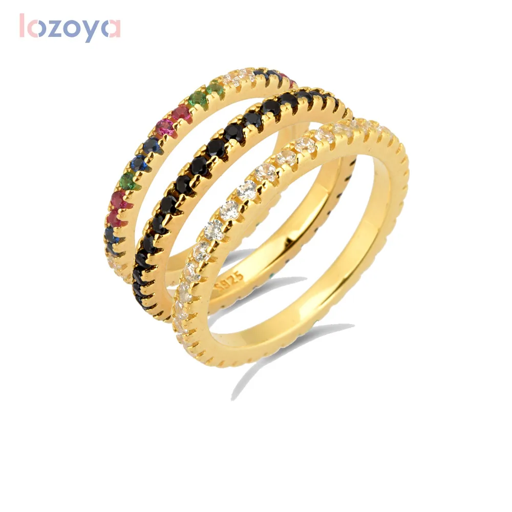 

Lozoya 925 Sterling Silver Circle Line ZIrcon Rings Rainbow Black White Rock Punk Colorful 2021 Fashion European Simple Jewelry