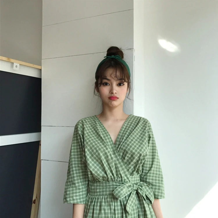 2021 Baru Musim Panas Wanita Gaun Plaid V-Neck Lipit Pinggang Tinggi Kasual Renda Bow One Piece Cotton dan Linen gaun DR1822