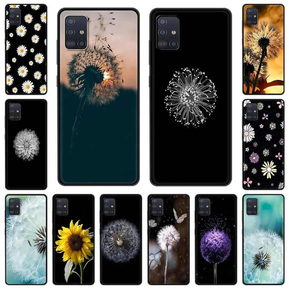 flower Dandelion Ink Drawing Phone Case for Samsung Galaxy A51 A71 A21S A03s A13 A33 A53 A11 A31 A52 A41 A32 5G A01 Black Cover