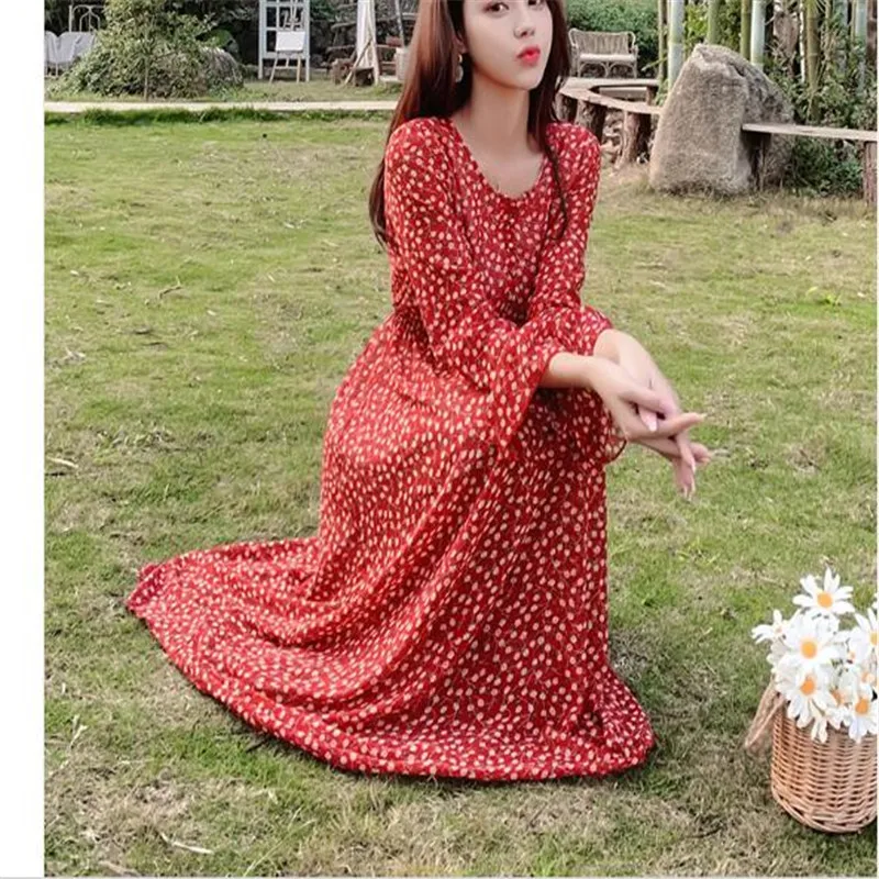 Plus size spring and summer long sleeve chiffon dress floral dress bohemian vacation beach dress