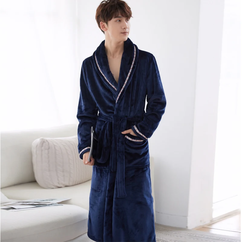 Winter Solid Men\'s Bathrobe Terry Female Casual Kimono House Blanket Gown Long Robes Thick Warm Sleepwear Nightgown Male L-3Xl