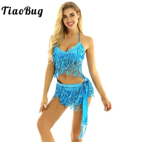 TiaoBug-Conjunto de lentejuelas brillantes para mujer, traje de danza del vientre, sujetador Halter, Tops con bufanda de cadera, falda envolvente, Carnaval, Rave, rendimiento