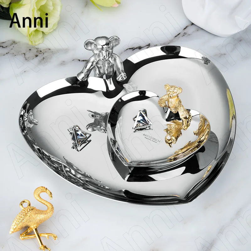 Gilded Bear Decorative Jewelry Trays European Modern Silver Plated Stainless Steel Necklace Ring Earring Hand Watch Storage Tray