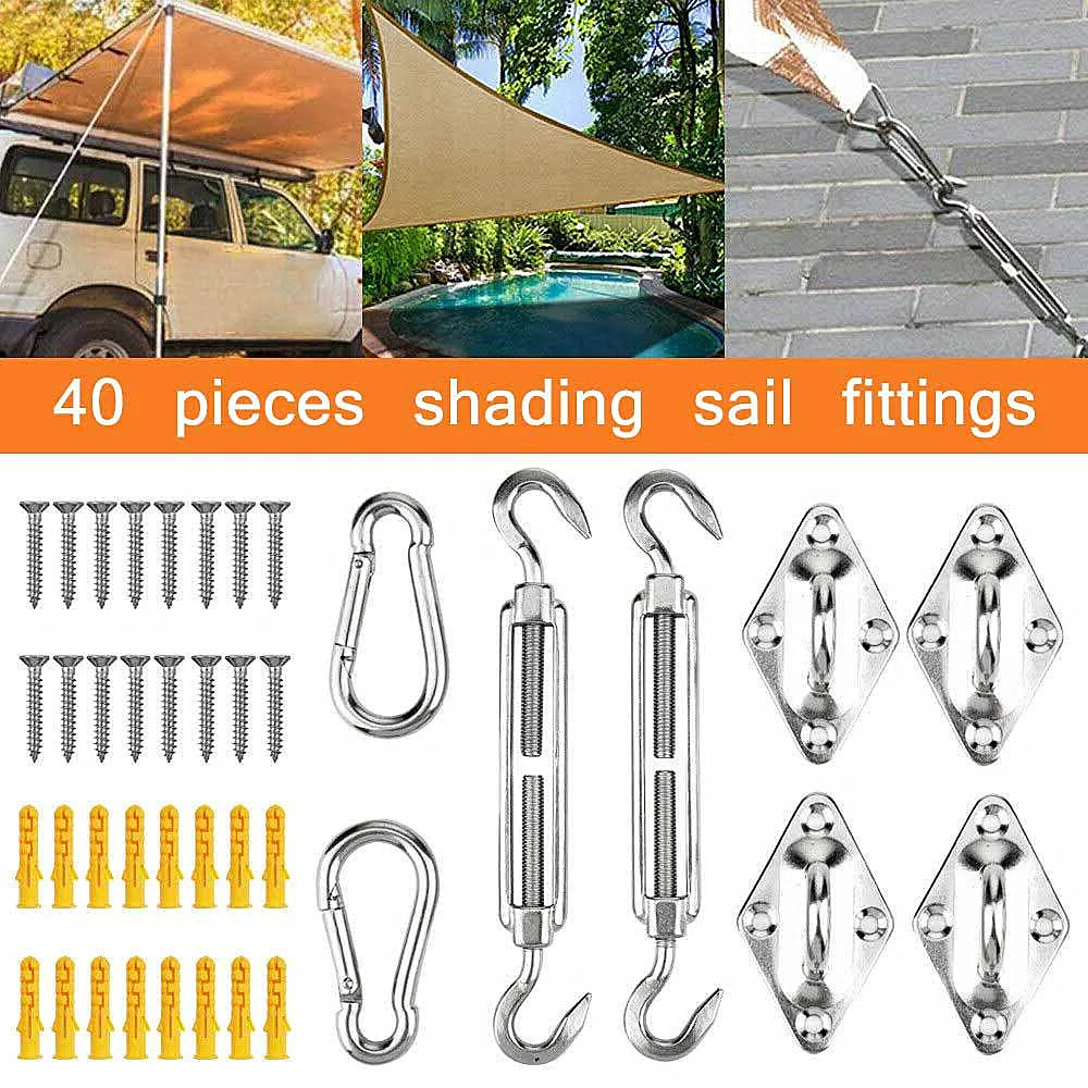 40pc/Set Sun Shade Sail Canopy Fitting Kit Stainless Steel Diamond Buckle Turnbuckle Spring Hooks Awning Special Fixed Accessory