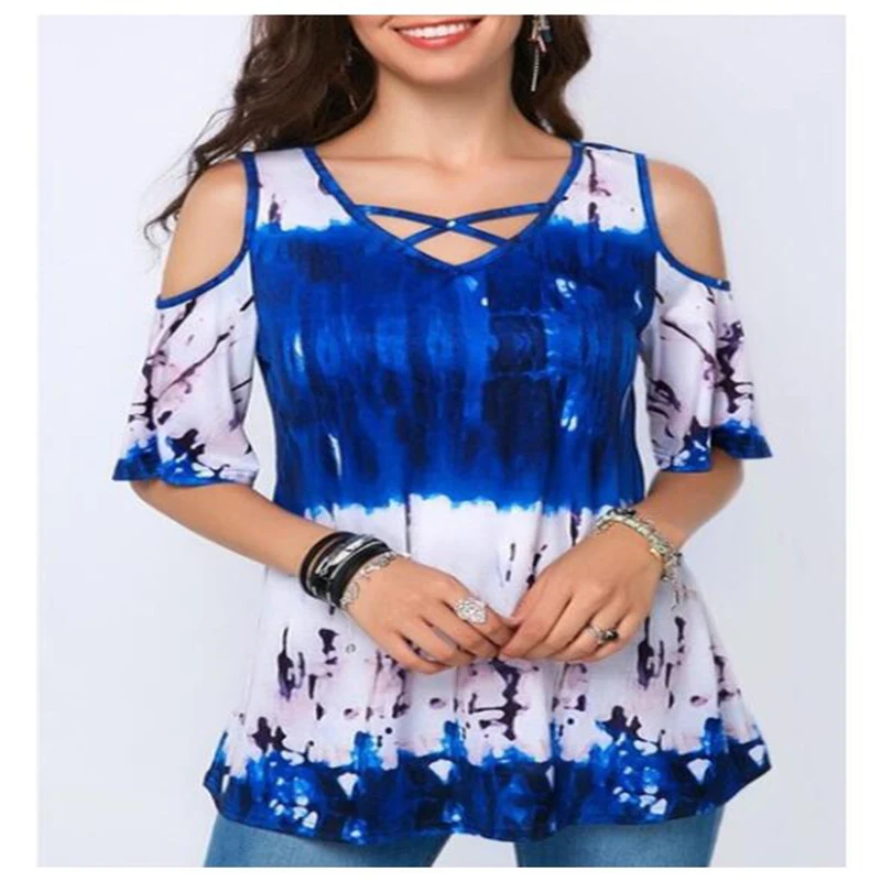 New Women Fashion Spring Summer Tops Casual Short Sleeve T-shirts Ladies Loose Cotton Blouse Floral Printed Off Shoulder Shirts