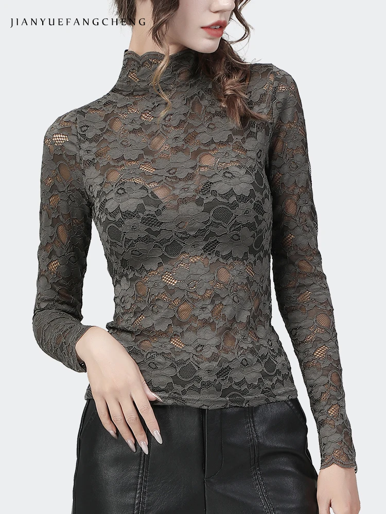 Bottoming Shirts Sexy Skinny Hook Flower Hollow Lace Top With Bra 2 Pieces Long Sleeve Stand-Up Collar 2021 Autumn Women Blouse