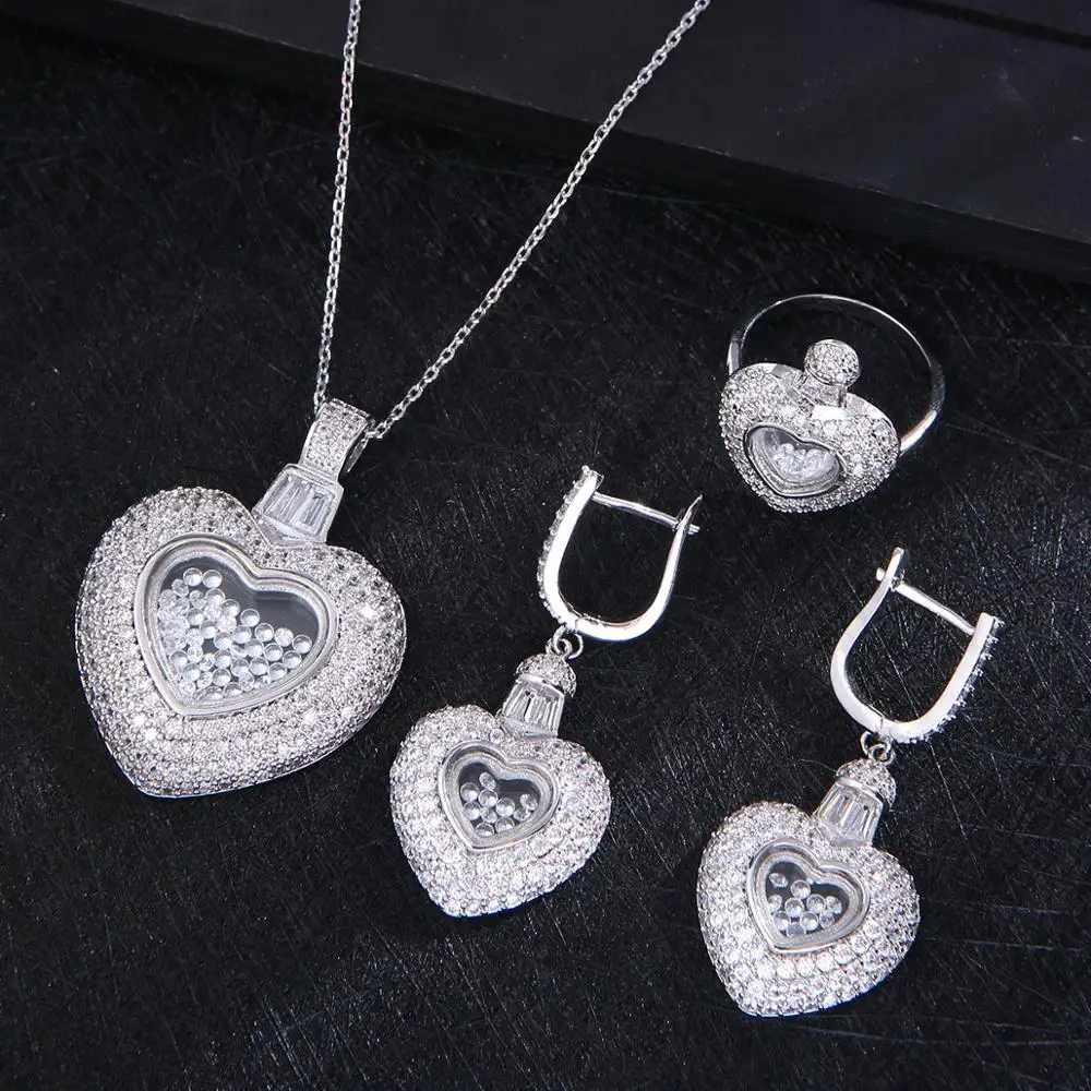 Luxury Heart Pendant Lover\'s Cubic Zircon For Women Wedding Dubai Bridal Jewelry Sets D1403