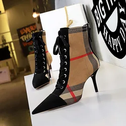 BIGTREE 2026 Winter Ankle Women Boots Fashion Slim Heel High Heel Pointed Plaid Plaid Lace up Fashion Cross Strapping Boots