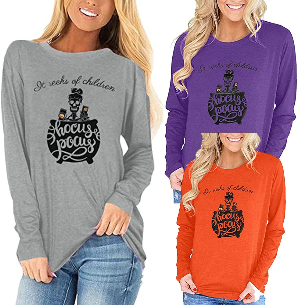 Womens Halloween Horror Long Sleeve Shirt Hocus Pocus Top Funny Halloween Sayings Shirts Fall Casual Tops Tees