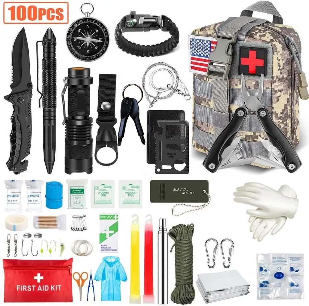 

Emergency Survival Kit 100 in 1 Professional Survival Gear Hunting Tool First Aid Kit SOS with Molle Pouch for Camping Adventure