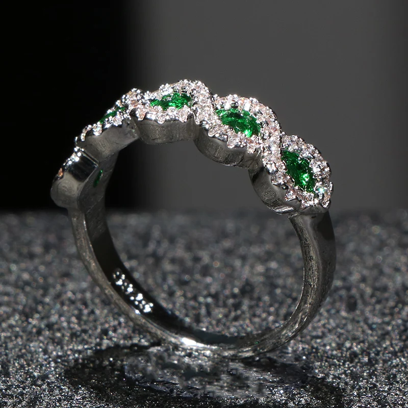 Cellacity Fashion Wave shaped Silver  Jewelry Emerald Ruby Ring for Women Round Gemstones Female Jewelry for Party Size5-11