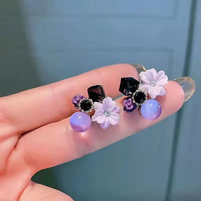 Earings Fashion Jewelry 2021 Vintage Grace Taro Purple Minority Temperament Amethyst Three-Dimensional Flower Stud Earrings