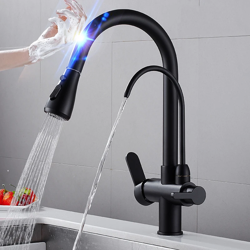 Touch Pull Out Kitchen Faucets Dual Handle Brass Filter Kitchen Mixer Faucet Hot Cold Pull Down Kitchen Tap Smart Touch Faucets