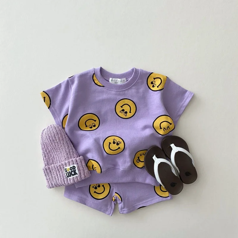 2023 Summer New Cotton Baby Clothes Set Boys And Girl Cute Smile Print Tops + Shorts 2pcs Kids Children Clothing Suit