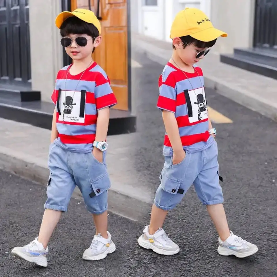 Summer Baby Boys Clothes Suit Stripe Cotton T-shirt+Jeans Short Pant 2PCS Set Kids Boys Clothing  For 3 4 5 6 7 8 9 10 11 12 Yrs