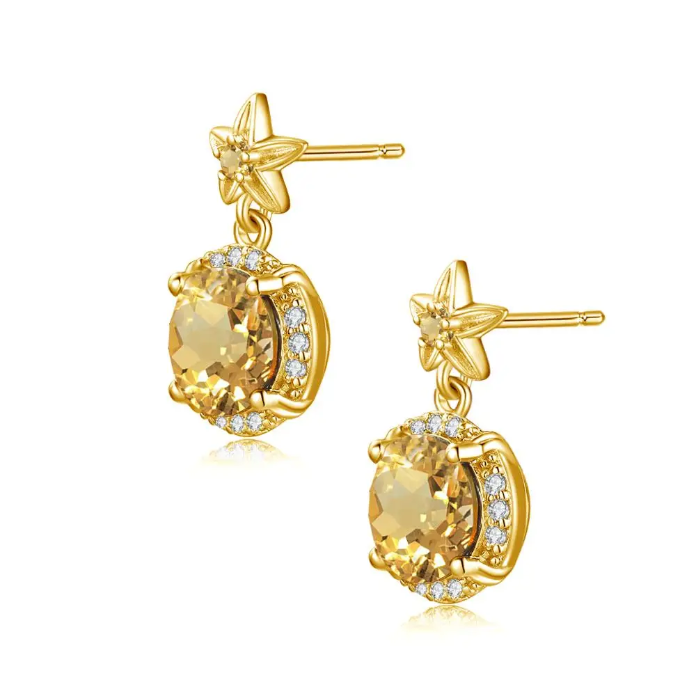 Szjinao Round 14K Gold Natural Citrine Gemstone Stud Earrings Genuine 925 Sterling Silver Fashion Jewelry for Women Pendientes