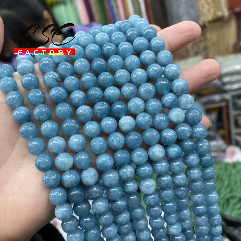 อัญมณีธรรมชาติBlue Chalcedony Aquamarines Angeliteลูกปัดหินกลมกลมลูกปัด4 6 8 10 12มม.สำหรับเครื่องประดับทำdiy Bracelets15"