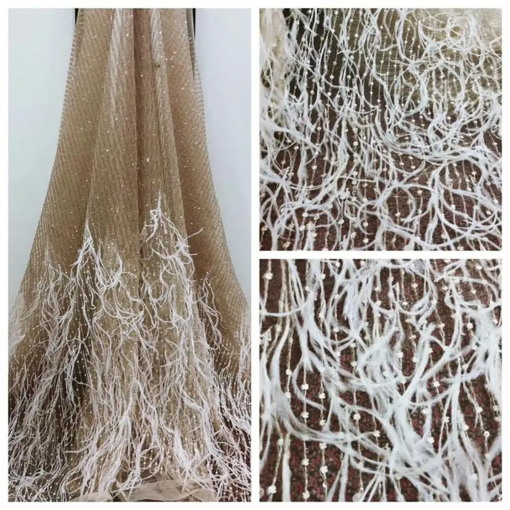 1 yard Champagne Sequins Lace Fabric With Ostrich Feather High End Hand Beaded Lace Fabric