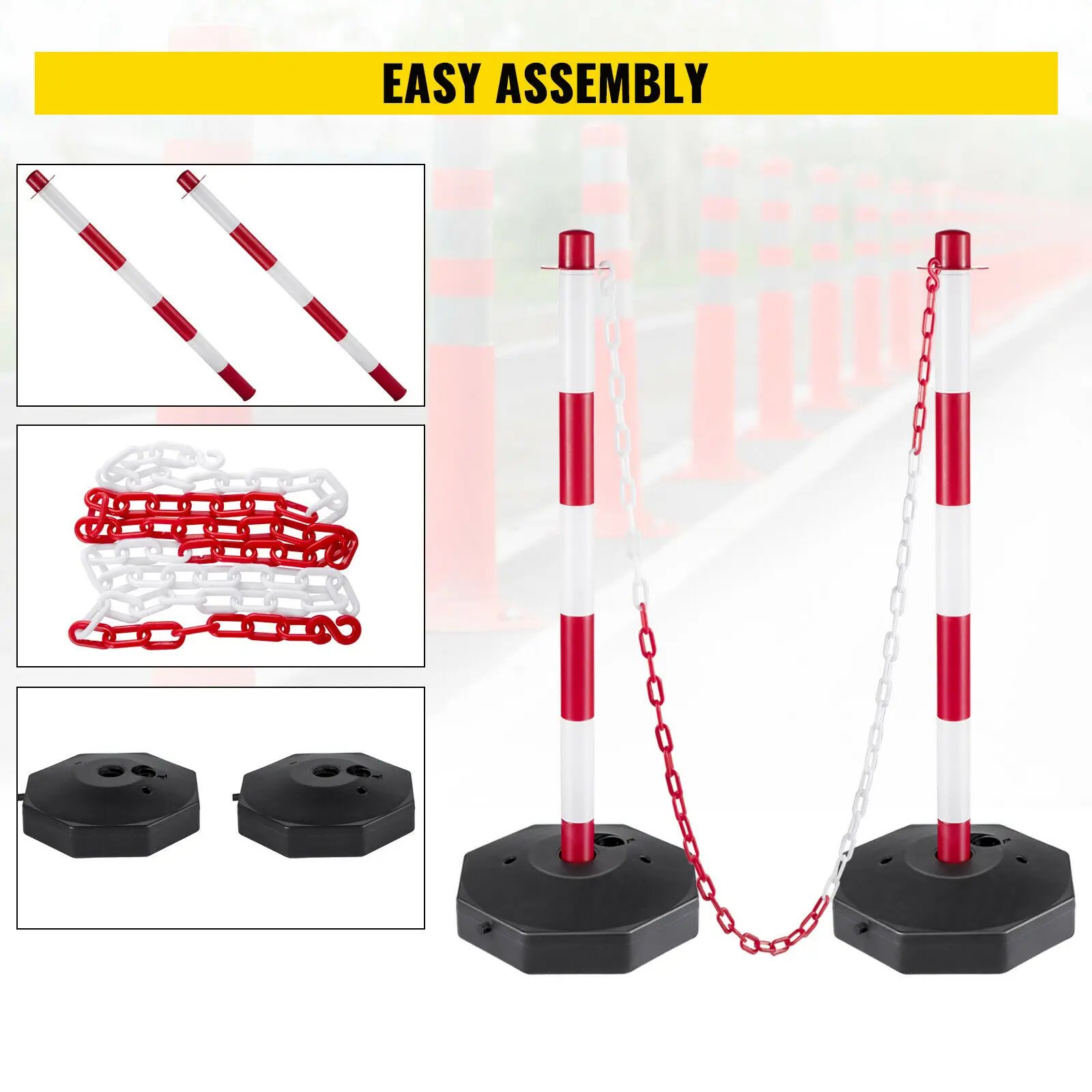 VEVOR 4PCS 33Inch Plastic Stanchion Crowd Control Line Red&White Safety Barrier with Security Chain for Parking Construction Lot