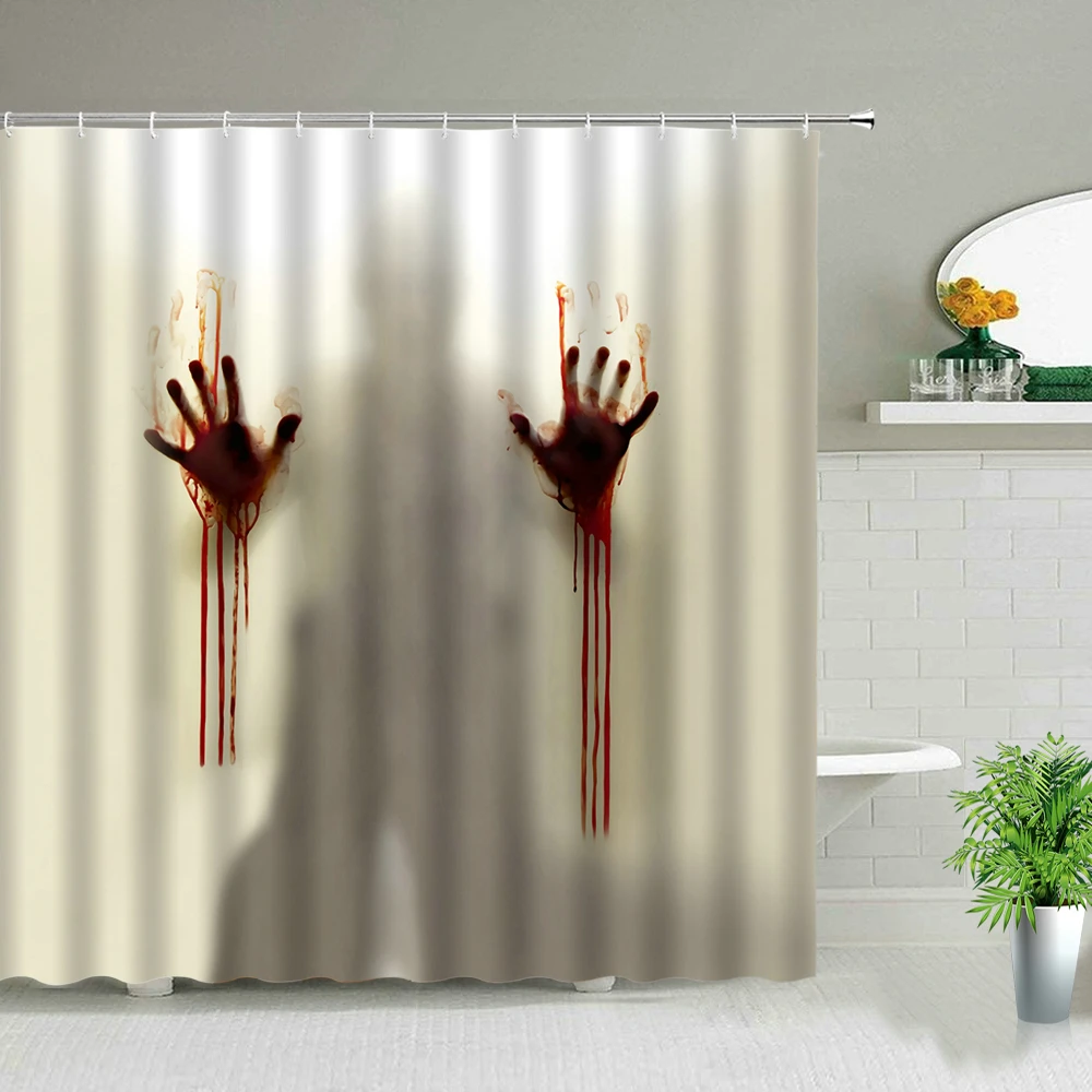 Terror Halloween Blood Handprint Printed Shower Curtains Day Of The Dead Skull Background Wall Decor Hanging Curtain With Hooks