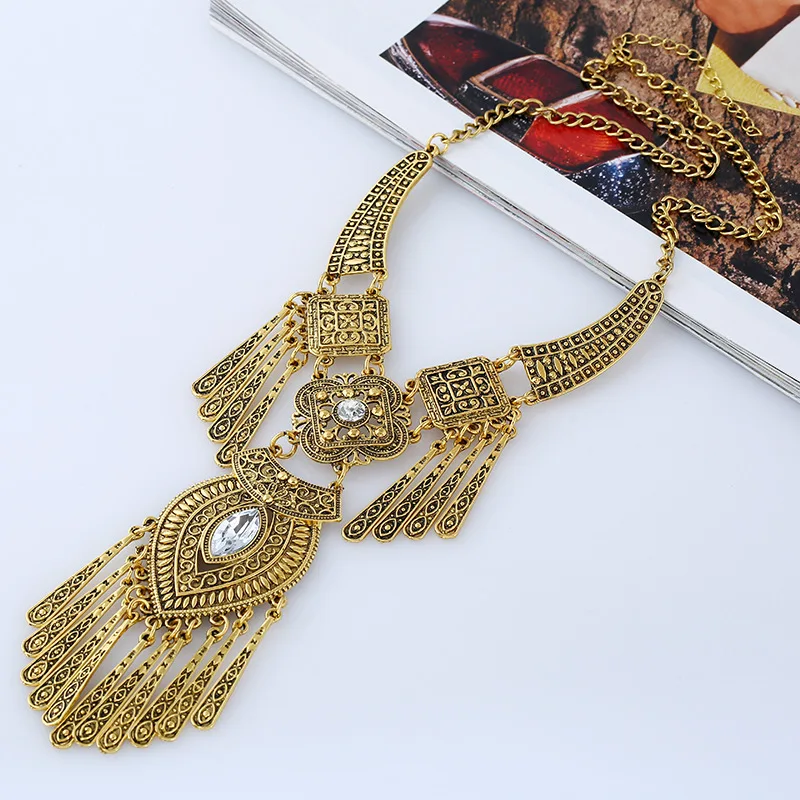 Vintage Tassel Statement Necklaces for Women Boho Ethnic Geometric Crystal Gold Silver Color Charm Femme Necklaces Jewelry