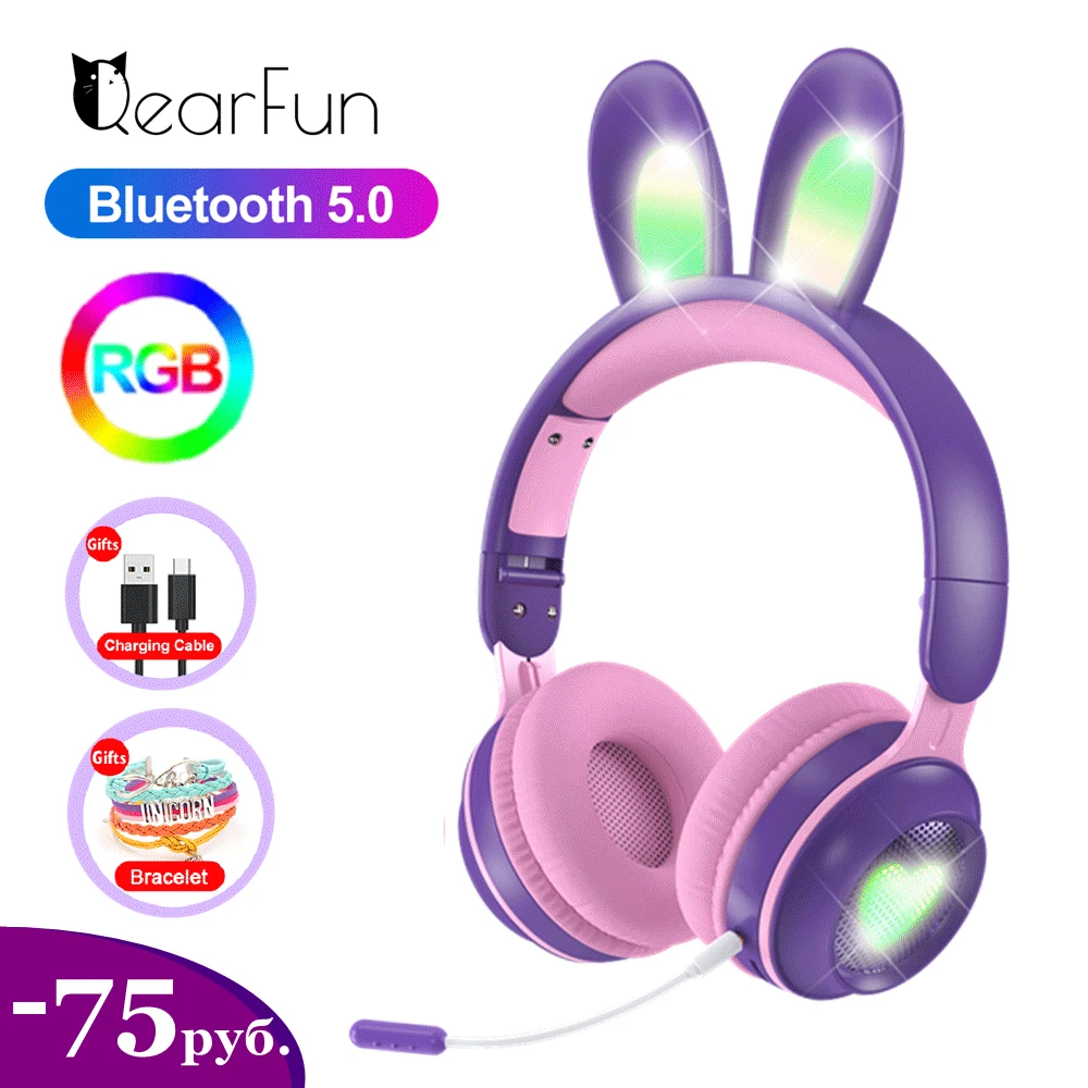 RGB Wireless Headset Pink Cute Headphone with Mic Rabbit Girls Stereo Music Bluetooth Memory Foam Kwaii Sport Headphone Kid Gift