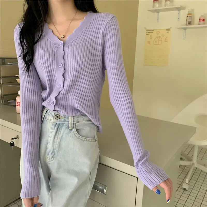 Cropped Cardigan Women Long Sleeve Slim Solid Color Knitted Simple V-neck Sweaters Elegant Outerwear Female Spring Fall Clothing